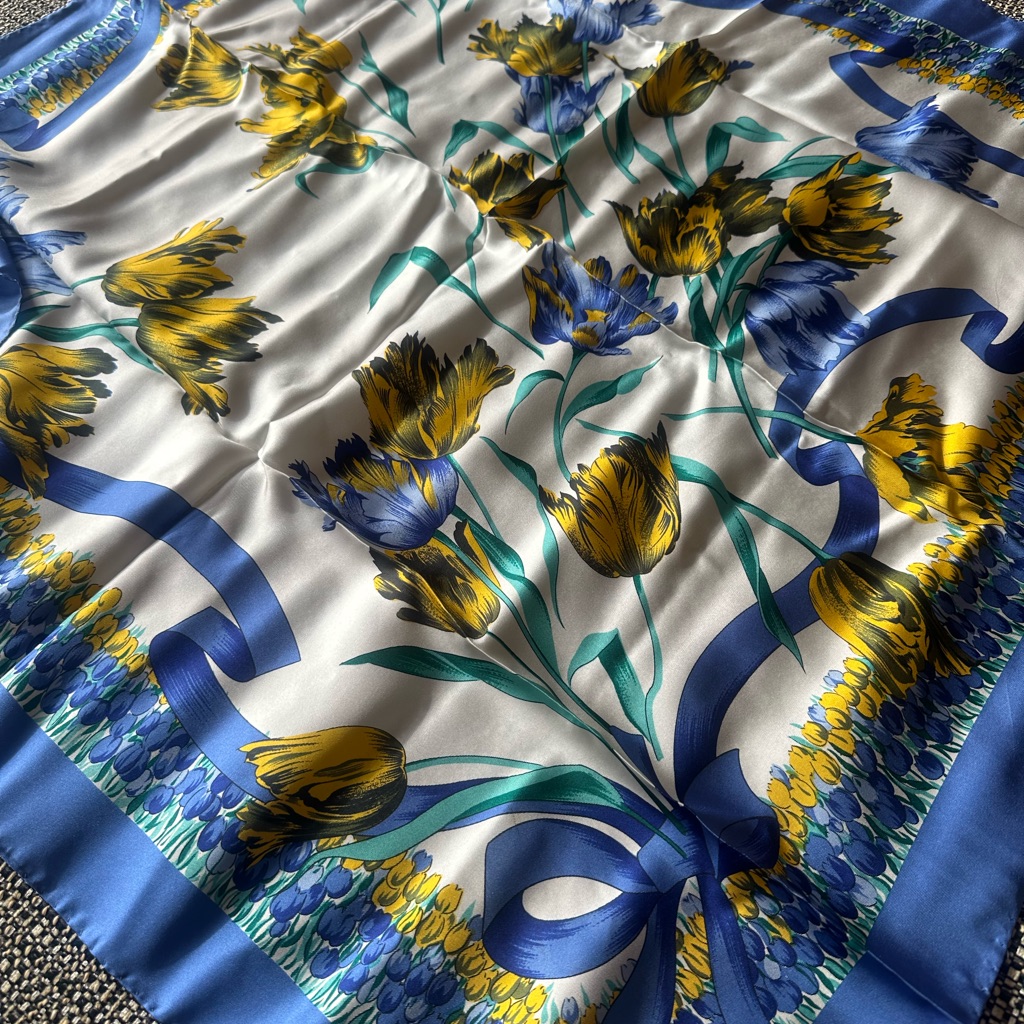 Floral Silk Scarf  Fringe Tulips Blue And Yellow